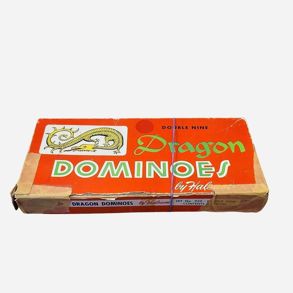 Vintage Dragon Dominoes by Halsam Set. No. 920 Double Nine wooden 55 lot